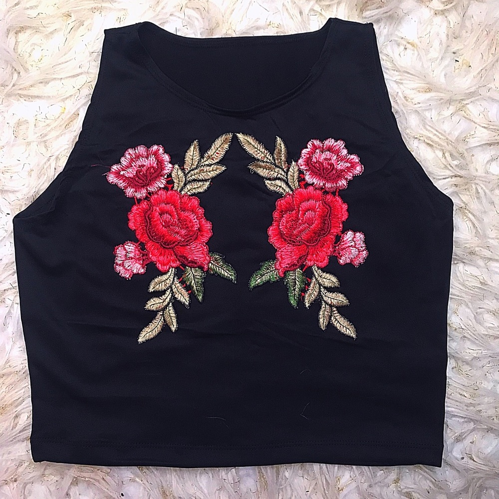 Floral Crop Tank- Black, XL